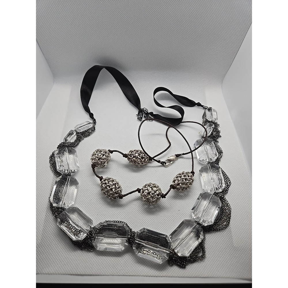Multi Strand Stainless Steel Necklace w Faux Clear Crystal + Silver Tone Necklac